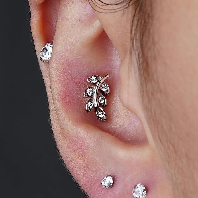 FINE4U 1PC Leaf Flat Back Stud Flat, Helix, Conch, Tragus 6mm 8mm - ASTM F136 Titanium Screw on Body Piercing Jewelry