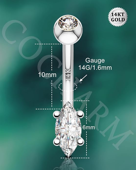 COCHARM 14K Gold Marquise CZ Belly Button Rings - White Yellow Diamond Navel Rings for Women Men - 14G Belly Piercing Jewelry