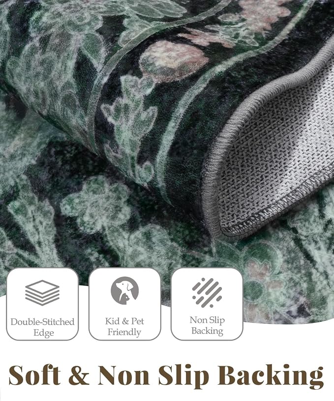 Dark Green Boho 5x7 Area Rugs for Bedroom Aesthetic, Washable Floral Rug for Living Room, Nursery - Low Pile Non Slip French Country Carpet for Dining Room Under Table - Botanical Mat for Indoor