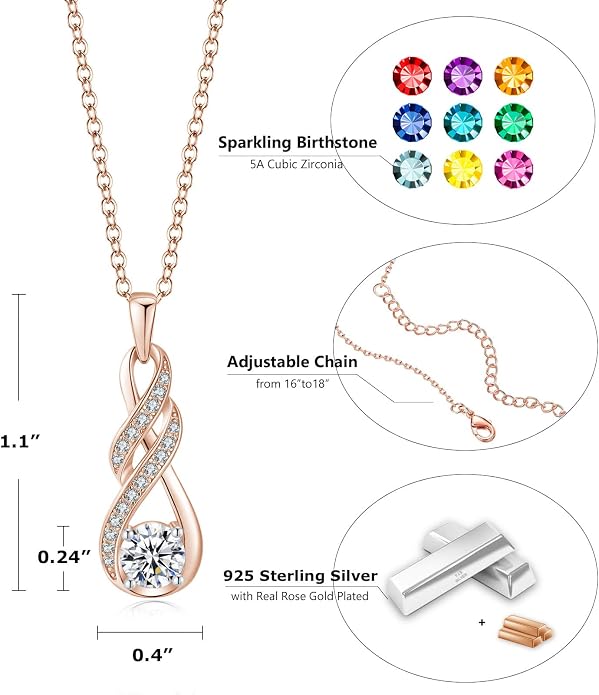 Birthstone Necklaces for Women 925 Sterling Silver Infinity Pendant Created Gemstone Jewelry for Her, 16"+2"