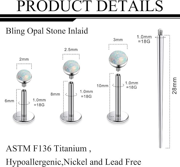 Ruifan Titanium Flat Back Lip Rings Externally Threaded Earrings Studs Nose Rings 20G 18G 16G Jeweled Round Opal Tragus Cartilage Lobe Rook Helix Conch Labret Medusa Piercing Jewelry for Women Men