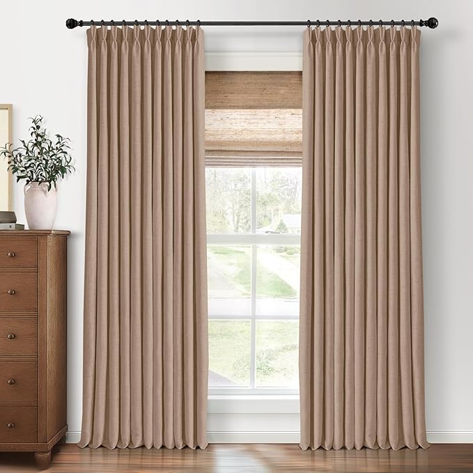 CAPALOCA Pinch Pleated Blackout Curtains 102 Inches Long, Linen Blend, 100% Blackout Drapes with 20 Hooks, Ideal for Bedroom and Living Room, 40" W x 102" L (Pack of 2), Tawny Brown