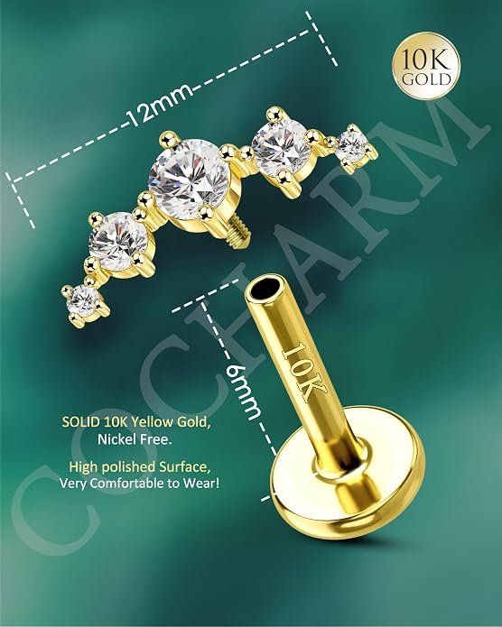 COCHARM Yellow Gold Helix Earring Stud 16g Flat Back 10K Real Gold Climber Helix Piercing Jewelry 6mm Solid Gold Cartilage Stud 8mm Cute 10kt Conch Stud Jewelry Hypoallergenic for Ears