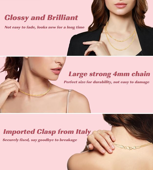 3mm 4mm 5mm 14K Plated Gold and 925 Sterling Silver Paperclip Chain Necklace for Women, Women's Paperclip Chain Necklace, World's Top Craftsmanship Necklace for Women 16 18 20 22 24 26 Inches