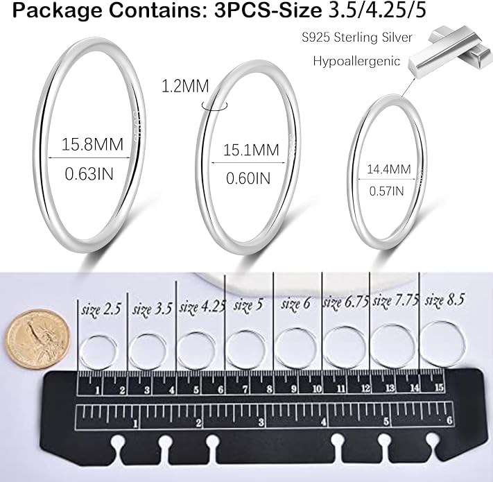 CANDYFANCY 925 Sterling Silver 1.2mm Stacked Midi Thin Rings for Women Knuckle Ring Band Stacking Ring Set Size 2.5-8.5