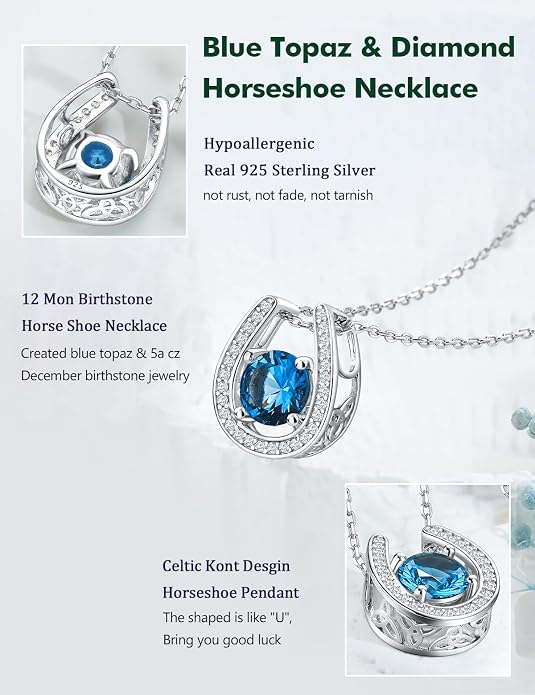 925 Sterling Silver Horseshoe Necklace for Women Round Gemstone Birthstone Necklace Sapphire/Emerald/Ruby/CZ Horse Shoe Pendant Necklaces Jewelry Gift