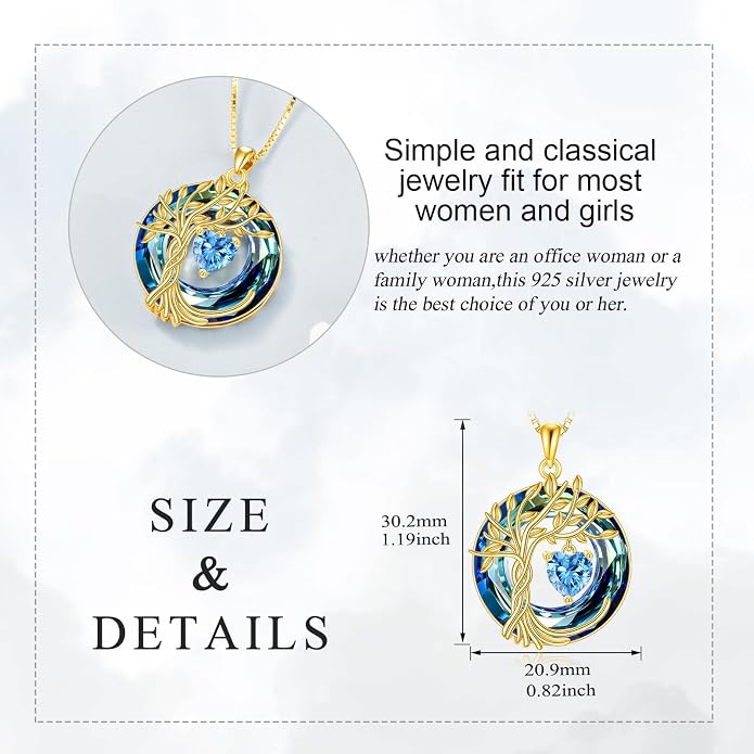 POPLYKE Mothers Day Gifts for Mom Her Wife Tree of Life Necklace 925 Sterling Silver Birthstone Pendant with Crystal Anniversary Birthday Wedding Jewelry for Women