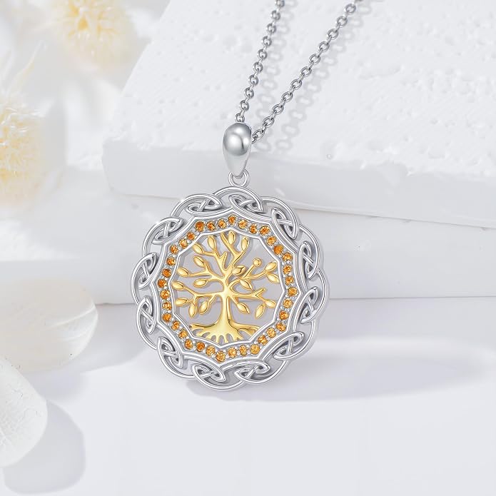 Sterling Silver Birthstone Celtic Tree of Life Necklace, 18K Gold Plated Colored Gemstone Tree of Life Pendant Two-Tone Necklaces Jewelry Birthday Gifts for Women 18" - 20"