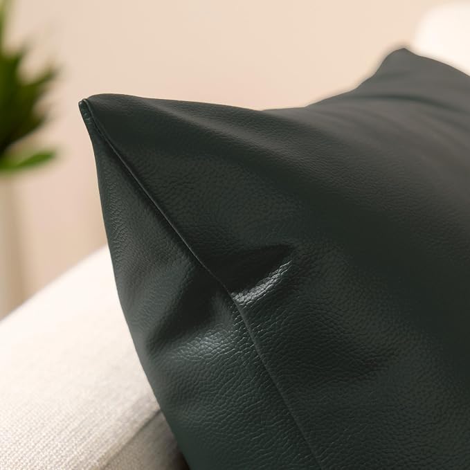 Encasa XO Faux Leather Throw Pillows Covers 18"x18" (Set of 2) | Green Decorative Cushion Covers | Modern Farmhouse Pillow Cases for Outdoor, Living Room, Bedroom, Couch, Sofa