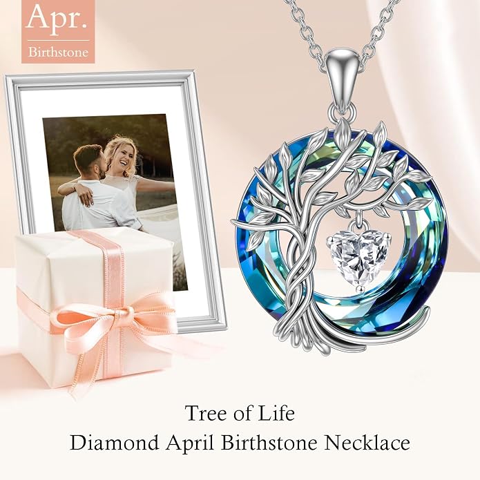 TOUPOP Tree of Life Birthstone Necklaces 925 Sterling Silver Irish Celtic Tree Pendant with Blue Crystal Birthday Jewelry Gifts for Women Mom Wife Her