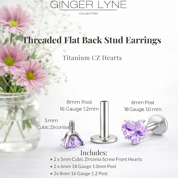 Titanium Heart CZ Labret Stud Earrings for Piercings by Ginger Lyne 6Pc Set G23 Screw Front Flat Back Body Jewelry 2 pair post 6mm, 8mm Cartilage, Helix, Tragus, Lip, Conch, Lobe