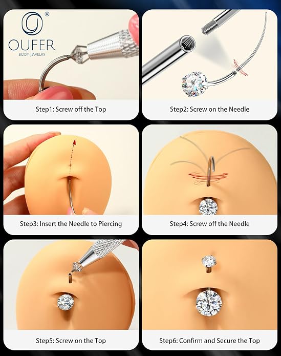 OUFER 14G G23 Titanium Moissanite Internally Threaded Belly Button Ring with Care Kit for Healing,D Color VVS1 Brilliant Cut Stones, Silver/18K Gold Plated Hypoallergenic Navel Piercing Jewelry for Women Men