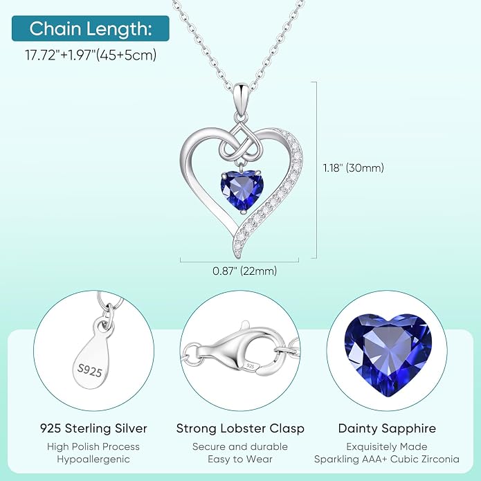 925 Sterling Silver Birthstone Heart Necklace for Women - Infinity Love Pendant with Cubic Zirconia, 12 Colors, Valentine's Day Gift for Her, 12 Months, Birthday Anniversary Christmas Jewelry Gifts