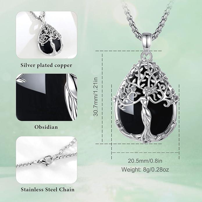 AEONSLOVE Tree of Life Necklace with Crystal for Women, Amethyst/Obsidian/Turquoise/Moonstone/Malachite Crystal Pendant Necklaces for Ladies
