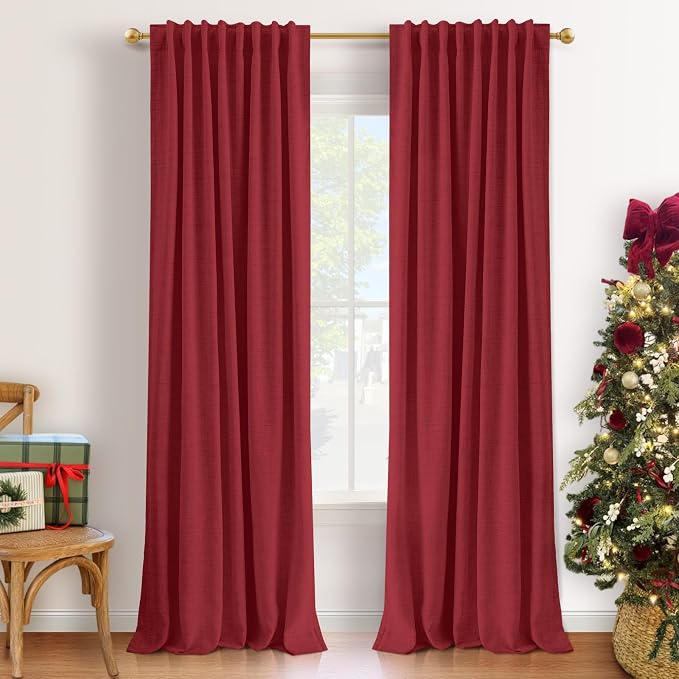 INOVADAY 100% Blackout Curtains 96 Inches Length 2 Panels Set, Back Tab/Rod Pocket Linen Black Out Curtains for Bedroom, Thermal Insulated Window Drapes - Ruby Red, W50 X L96