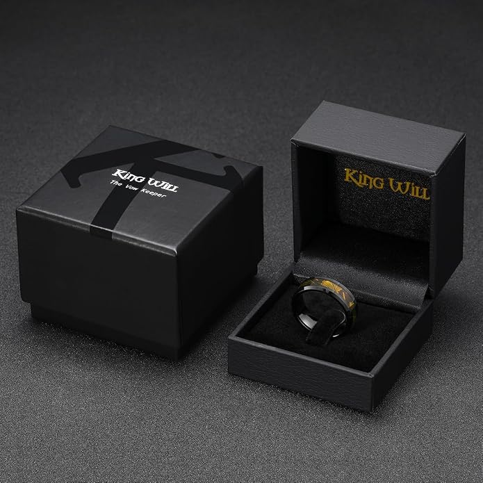 King Will Black Tungsten Wedding Band For Men, 8mm Promise Ring Inlay Red Twill Pattern/Colorful Wood Chips, High Polished Beveled Edge - Suitable For Daily Wear, Comfort Fit Size 7-14