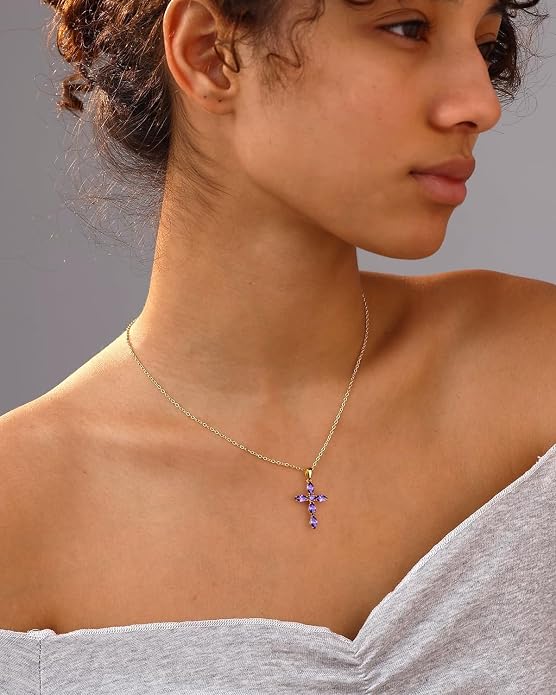 14K Gold Plated 925 Sterling Silver Birthstone Cross Necklace for Women Men