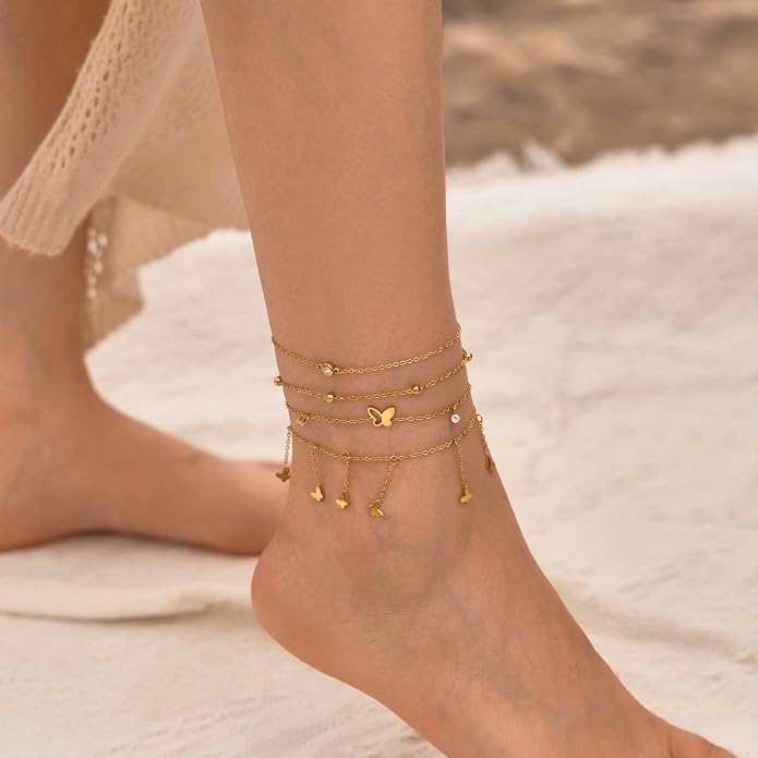 LOFITOR Ankle Bracelets for Women Glitter Waterproof Adjustable Anklet Set for Women 18K Gold Plated Silver Charm Dainty Layered Anklets, Summer Beach Anklet Jewelry for Women