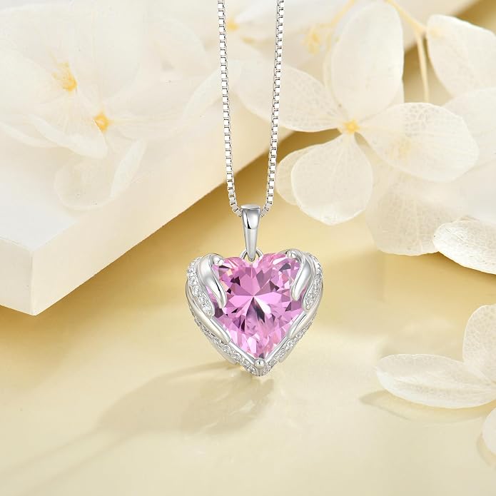 Angel Wings Necklace for Women 925 Sterling Silver Cubic Zirconia Love Heart Birthstone Pendant Necklaces