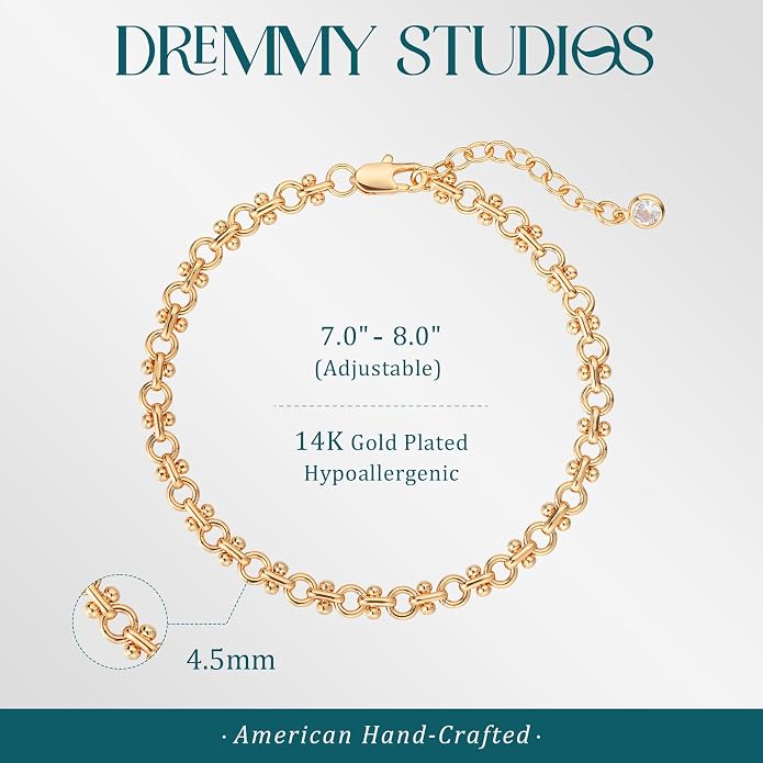 Dremmy Studios Gold Bracelet for Women 18K Gold Plated Dainty Paperclip Cubic Zirconia Disc Coin Star Cable Satellite Bead Pearl Simple Boho Minimalist Stacking Layered Link Jewelry Gift