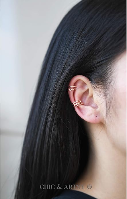 CHIC & ARTSY 925 Sterling Silver Ear Cuffs for Women, Non Piercing Clip On Cartilage Cuffs, Adjustable Fake Conch & Helix Earrings, Gold Plated & Oxidized Various Styles