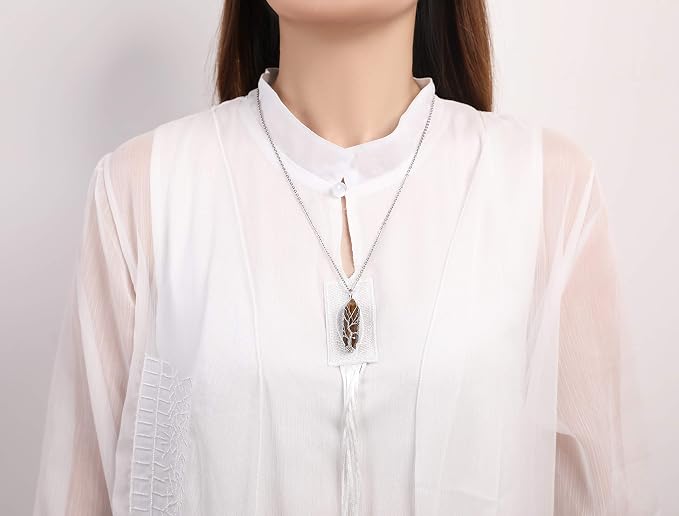 XIANNVXI Tree of Life Wire Wrapped Crystal Point Pendant Necklace Reiki Healing Crystal Tiger Eye Stone Necklaces Natural Hexagonal Gemstone Quartz Jewelry for Women