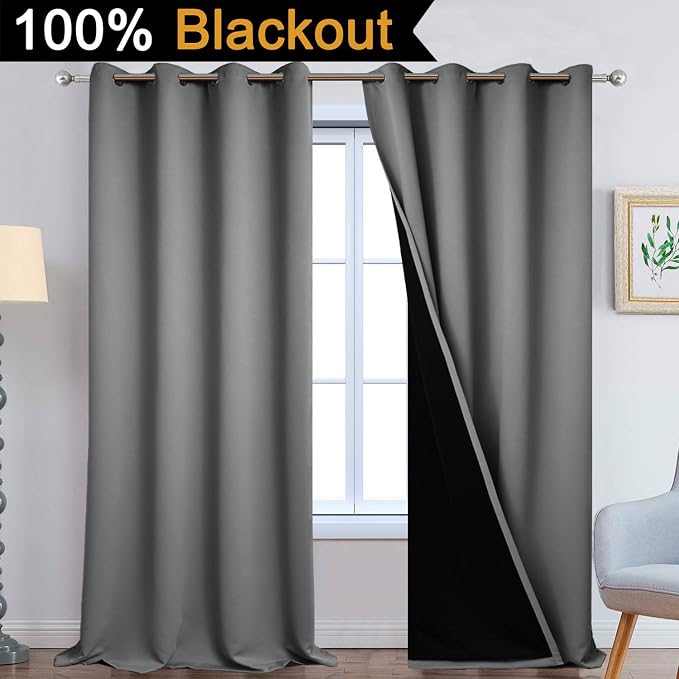 Yakamok Grey Blackout Curtains 108 Inches Long for Bedroom 52" Wide 2 Pcs | Blackout Curtain Panels for Bedroom, 2 Thick Layers Grommet Top Thermal Insulated Drapes with Black Liner for Living Room