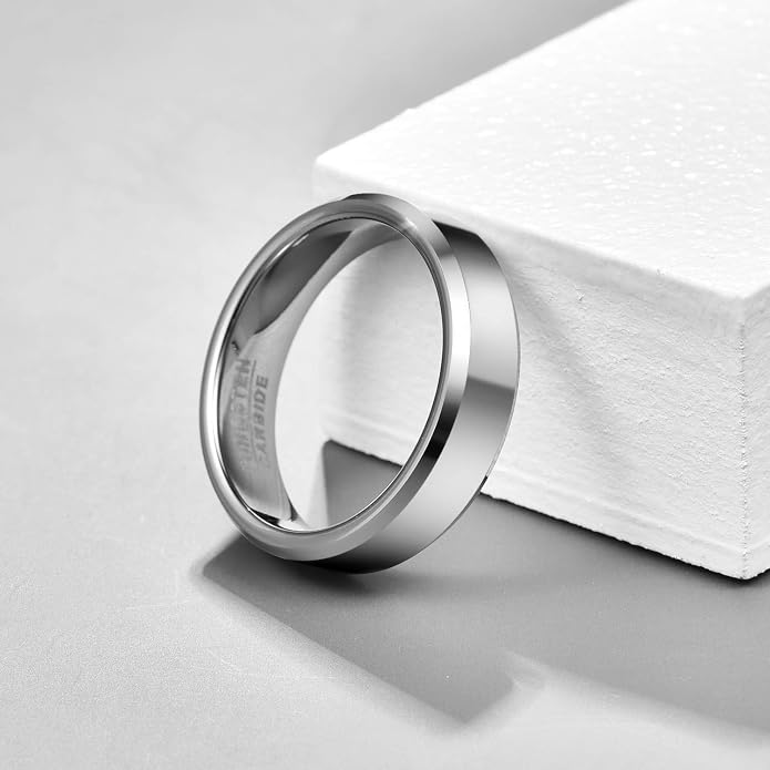 Vakki Tungsten Ring for Men 4mm 6mm 8mm Silver Plain Engagement Wedding Band High Polish Finish and Beveled Edges Comfort Fit Size 5-12