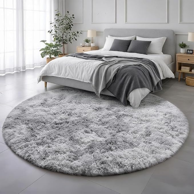 Amdrebio Tie-Dyed Light Grey Round Area Rug 4Ft for Bedroom Living Room, Soft Fluffy Circle Circular Rugs for Kids Room, Home Office Decor, Modern Floor Shag Fuzzy Farmhouse Gray Carpet for Teen Boys