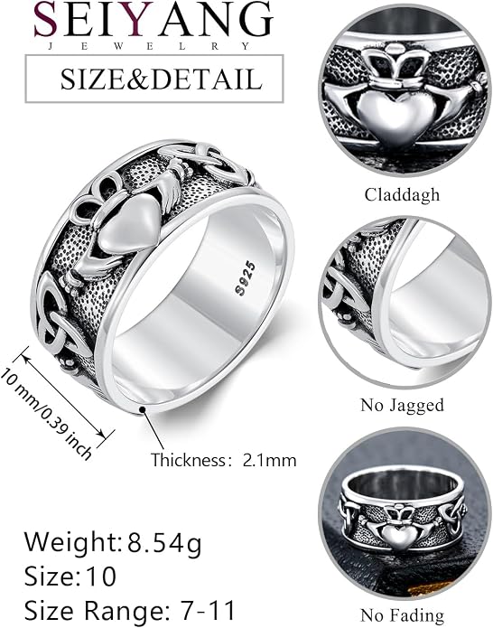 Seiyang Claddagh Ring 925 Sterling Silver Celtic Ring Jewelry Irish Band Gift for Men Women (with Gift Box)