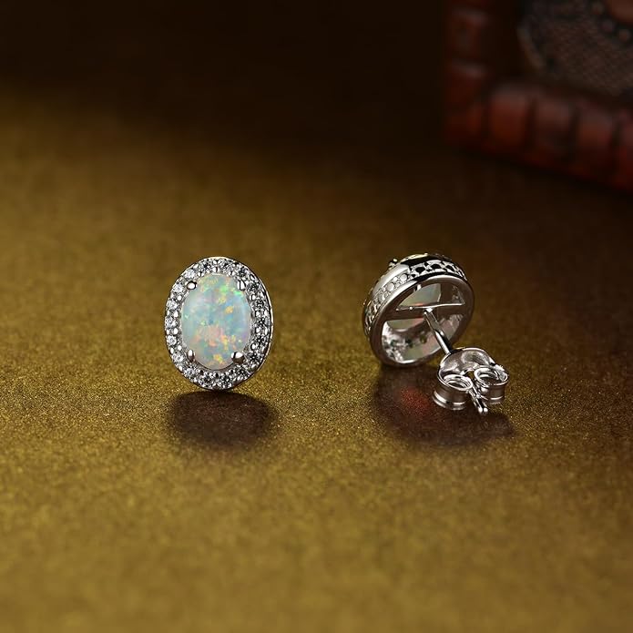 FANCIME Sterling Silver Oval Opal Ruby Necklace & White Opal Stud Earrings - October Birthstone Fine Jewelry for Women