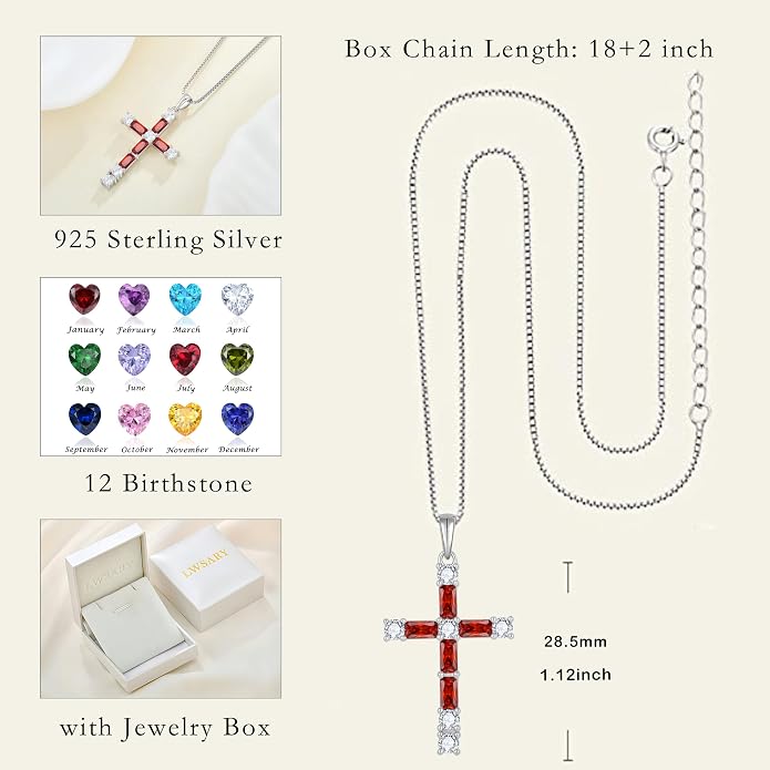 Birthstone Cross Necklace for Women 925 Sterling Silver Christian Religious Crucifix Pendant Rectangular Cut Birthstone Jewelry Gifts for Her