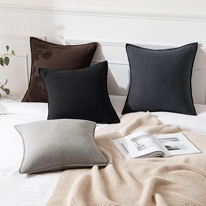 MIULEE Decorative Linen Euro Sham Pillow Covers 24x24 Dark Gray | Boho Farmhouse Neutral Couch Throw Pillows for Bed, Pack of 2 Accent Modern Pillowcases, Sofa Livingroom Home Decor