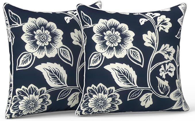 LVTXIII Outdoor/Indoor Throw Pillows, Decorative Patio Accent Pillows, Fluffy Water Repellent Garden Cushions for Home Patio Coach Sofa Use, 16×16 Inch, Pack of 2, Elegant Vines Navy