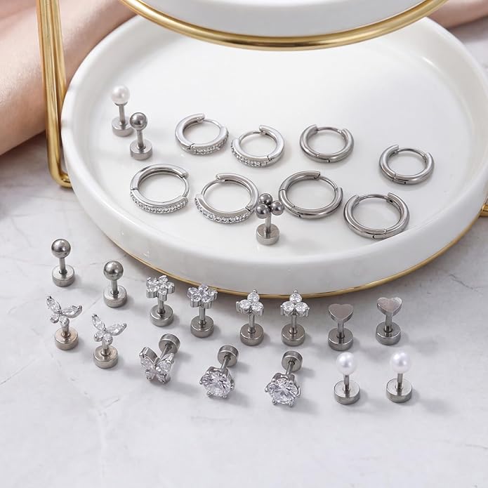 Stainless Steel Stud Earrings Set for Women Hypoallergenic Flat Back Cartilage Earrings Screw Back Huggie Hoop Earrings Multiple Piercing Cubic Zirconia Helix Tragus Jewelry