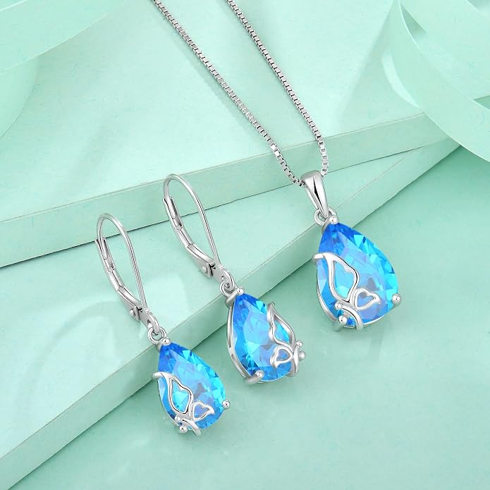 Teardrop Necklace 925 Sterling Silver Butterfly Pendant Necklace Birthstone Jewelry for Women