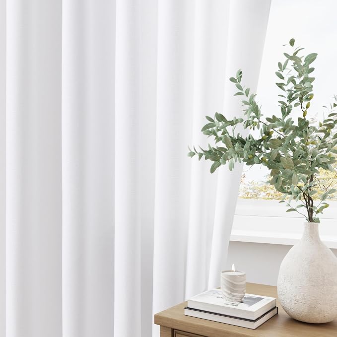 Aersas White Pinch Pleat Linen Curtains 120 Inches Long for Living Room Pleated Drapes Hooks Back Tab Light Filtering Boho Farmhouse Extra Long Semi Sheer 120 Inch Curtain for Dining Room Bedroom