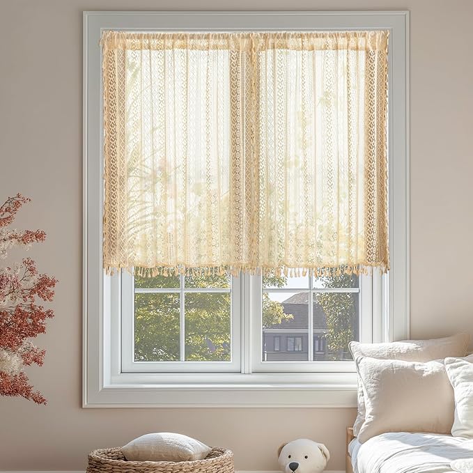 Sutuo Home Beige Lace Boho Curtains 45 Inches 2 Panels,Semi Sheer Small Window Curtains for Kitchen Cafe Crochet Vintage Chic Country Tassels Bohemian Drape Privacy Rustic Geometry Rod Pocket, 50" W