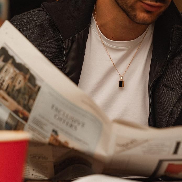 Forge & Foundry Men's Minimalist Stainless Steel and Solid Onyx Inlay Pendant | 21 Inch Rolo Chain | Design-Led Artisan Jewelry, from London
