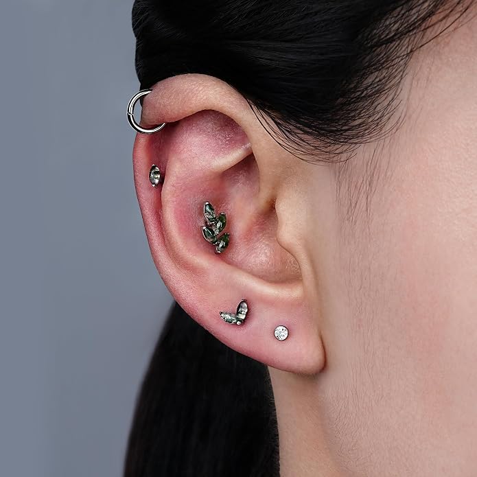 FINE4U 16G Moss Agate Body Piercing Jewelry for Helix Flat Tragus Lobe 16G 6mm 8mm - ASTM F136 Titanium Screw on Flat Back Stud, Hypoallergenic Cartilage Earring