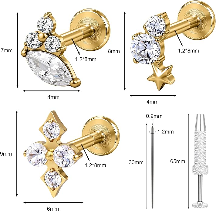 G23 Titanium 18K Gold Filled 16G Cartilage Earring 3PCS | Flat Back, 6mm 8mm, Conch Helix Tragus Lobe, Stud Labret Piercing Jewelry, For Women