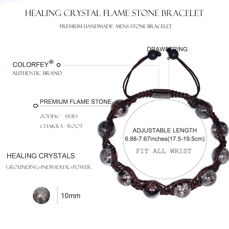 Mens Beaded Bracelet Genuine Natural Stone Flame Stone Bead Bracelets Premium Handcrafted Energy Crystal Bracelets for Men, 10mm Healing Triple Rope Bracelet Unique Mens Stone Jewlry for Men