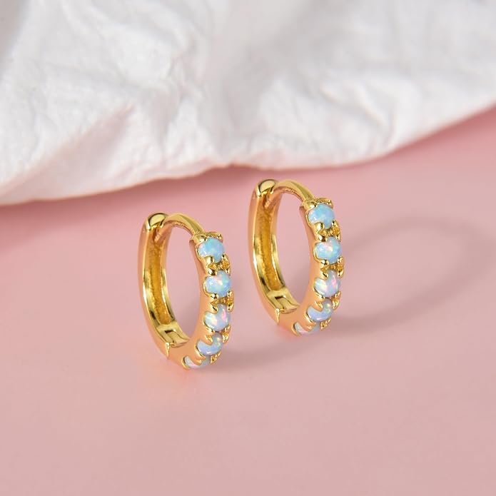 Tiny Mini Opal Huggie Hoop Earrings Upper Ear Cartilage Helix 18k Gold Plated Silver Minimalist Simple Small 10mm 8mm 6mm Hoop Earrings