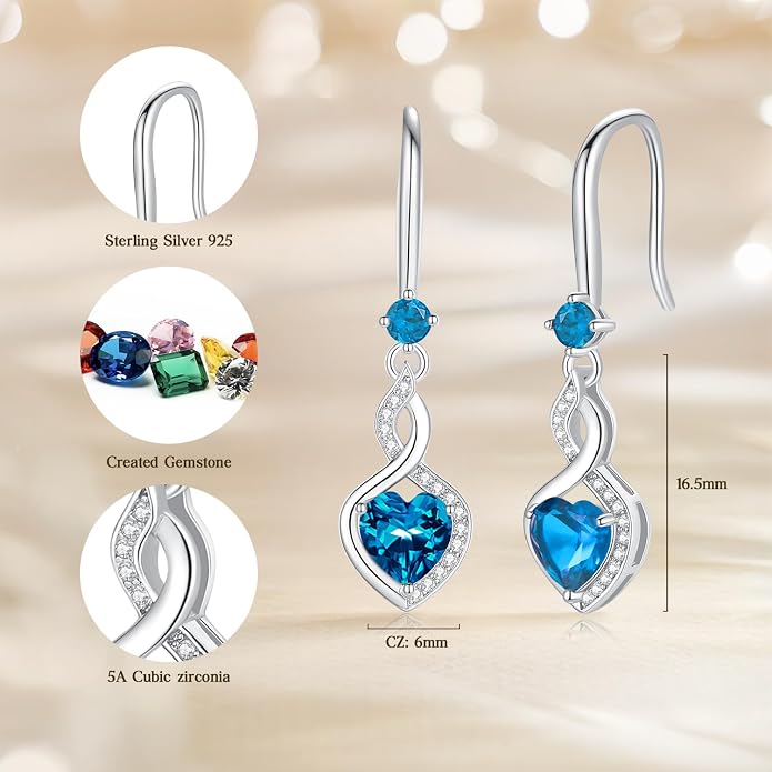 FANCIME Heart Infinity Dangle Drop Earrings 925 Sterling Silver Heart Gemstone Birthstone Earring