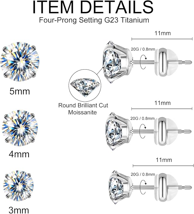 VOJO 3-Pairs G23 Titanium Moissanite Stud Earrings, Hypoallergenic Earrings for Women & Men