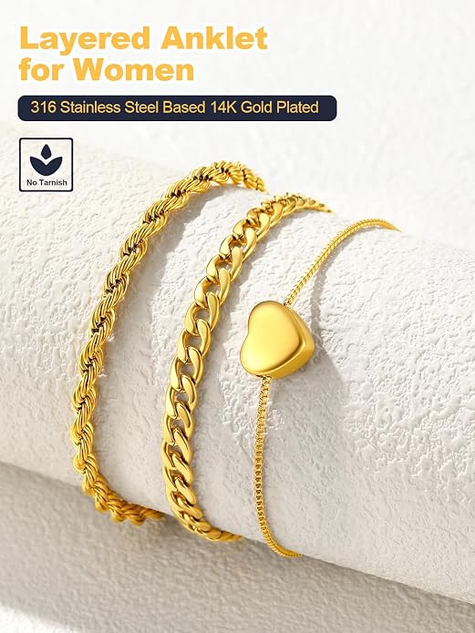 U7 2Pcs/3Pcs Ankle Bracelets for Women, Stainless Steel Cuban Link/Figaro/Rope/Heart Chain Anklets Sets,Waterproof Layered Anklets Adjustable 8.5"-10.5"