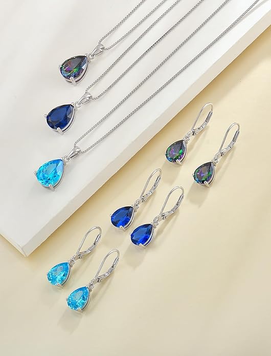YL Teardrop Necklace 925 Sterling Silver Solitaire Pendant 9x12 MM Pear Cut Multicolored Birthstone Jewelry for Women