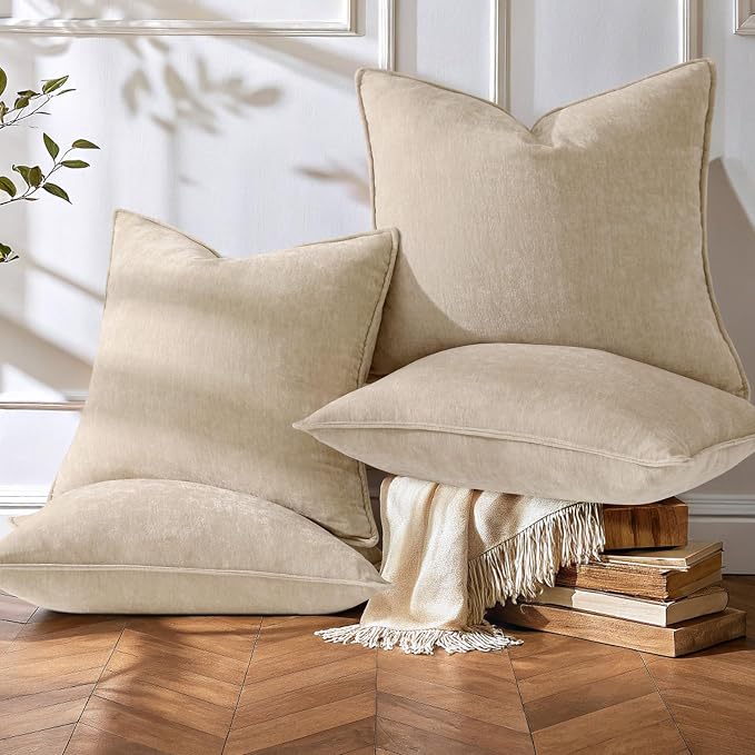 decorUhome Set of 4 Chenille Beige Throw Pillow Covers 18x18 | Couch Decorative Soft Neutral Pillow Covers with Elegant Design for Living Room Bed Sofa