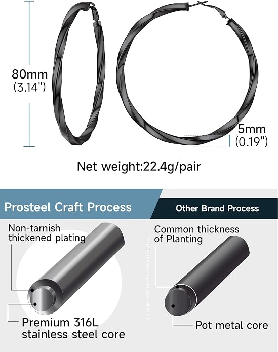 Stainless Steel Chunky Hoop Earrings For Women, Minimalist and Chic, Black/Gold Plated, Round Hoops Earrings Hypoallergenic, Size: 30mm/40mm/60mm/80mm, Come with Box