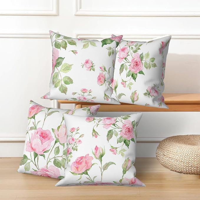 Pink Roses Throw Pillow Covers Blooming Floral Set of 4 Vintage Countryside Small Flower Green Leaves Linen Square Pillowcases for Couch Sofa Bedroom Patio Farmhouse Chair 18x18 Inch